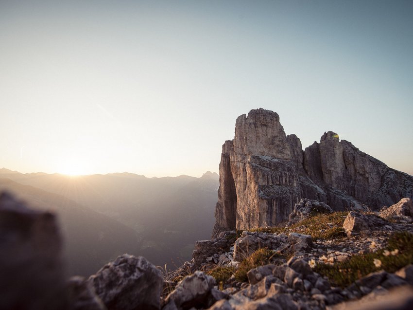 Ready for your holiday in Stubaital this summer? Sunrise over rocky mountain peak with clear sky