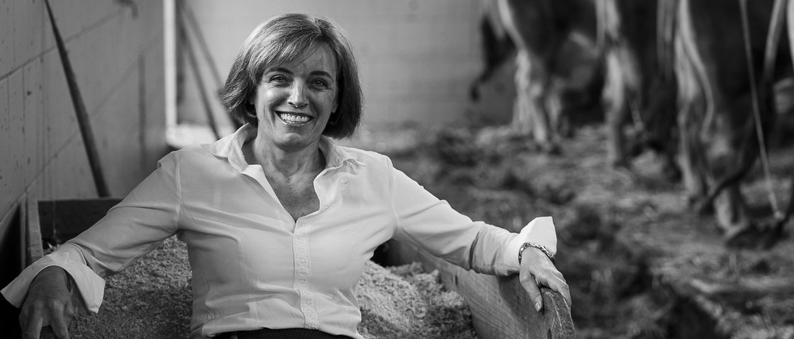 Sich erholen im Hotel in Neustift im Stubaital Lächelnde Frau sitzt in einer Schubkarre im Stall mit Kühen im Hintergrund